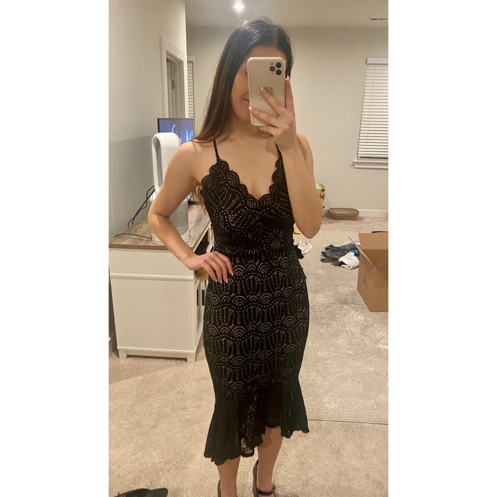 GUESS Black and Nude Lace Midi Dress